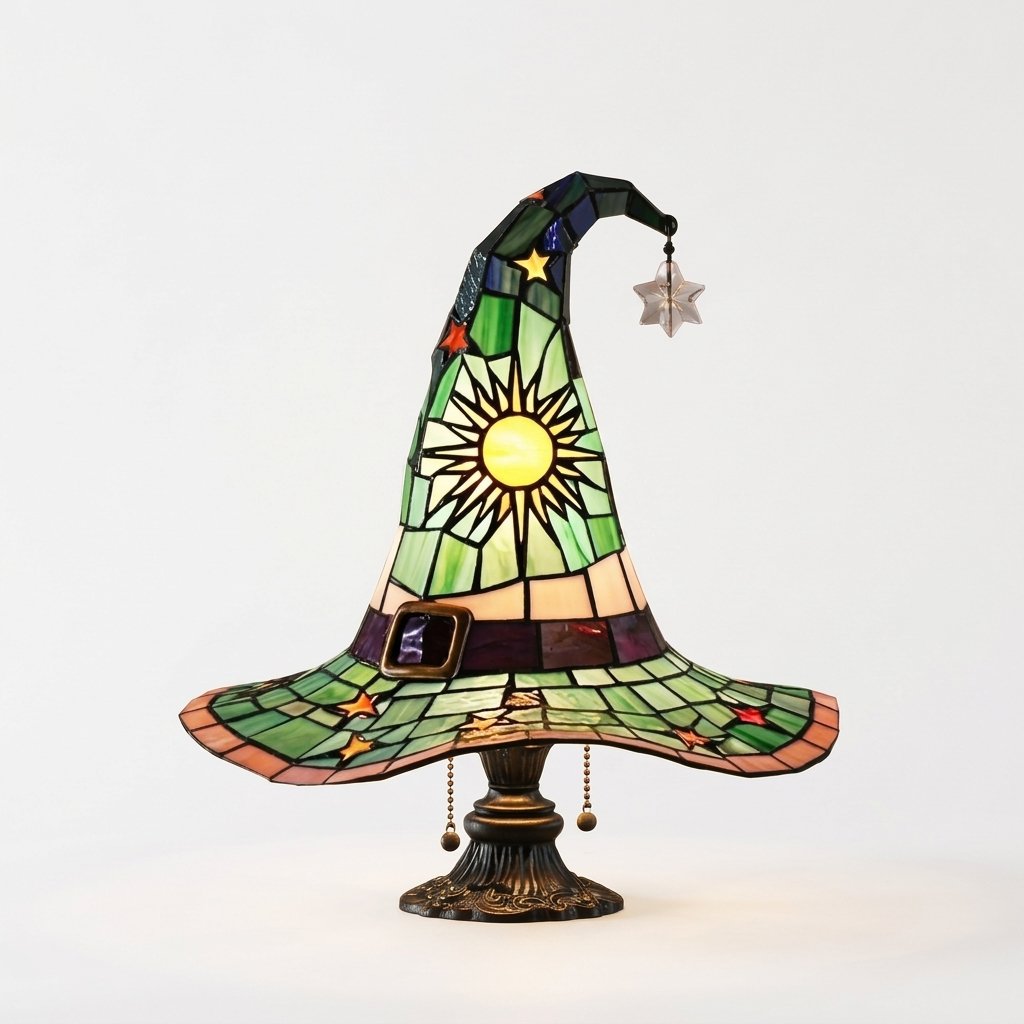 Witch Hat Stained Glass Style Accent Lamp with Star and Sun Panels