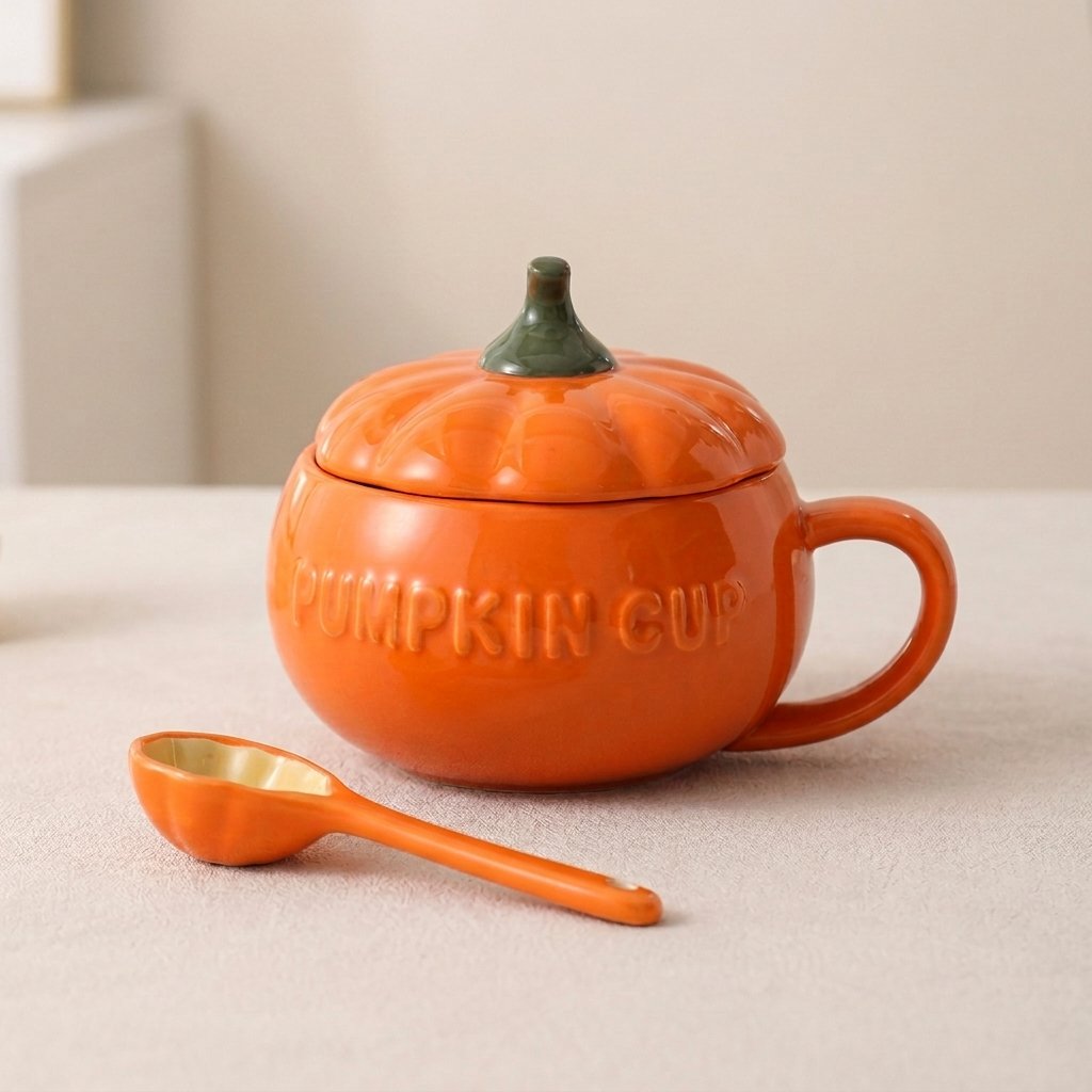 Ceramic Pumpkin Mug with Lid and Spoon, Burnt Orange