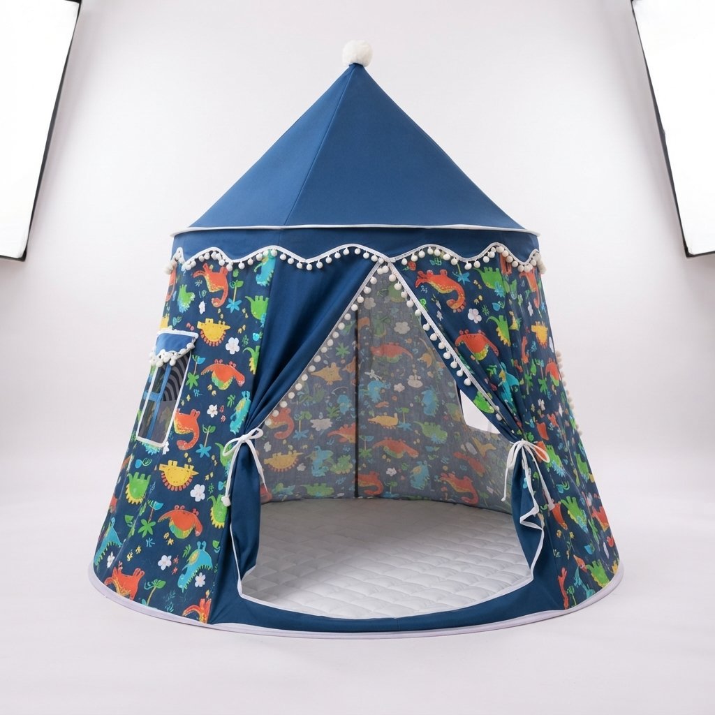 Castle Play Tent with Pom-Pom Trim and Tie-Back Curtains