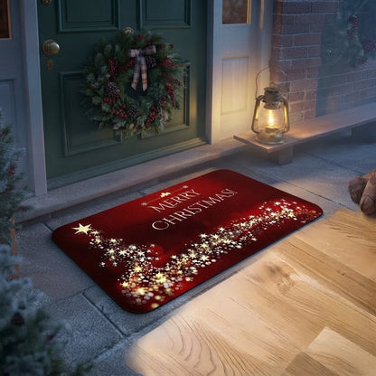 Non-Slip Christmas Door Mat with Golden Star Tree, Crimson