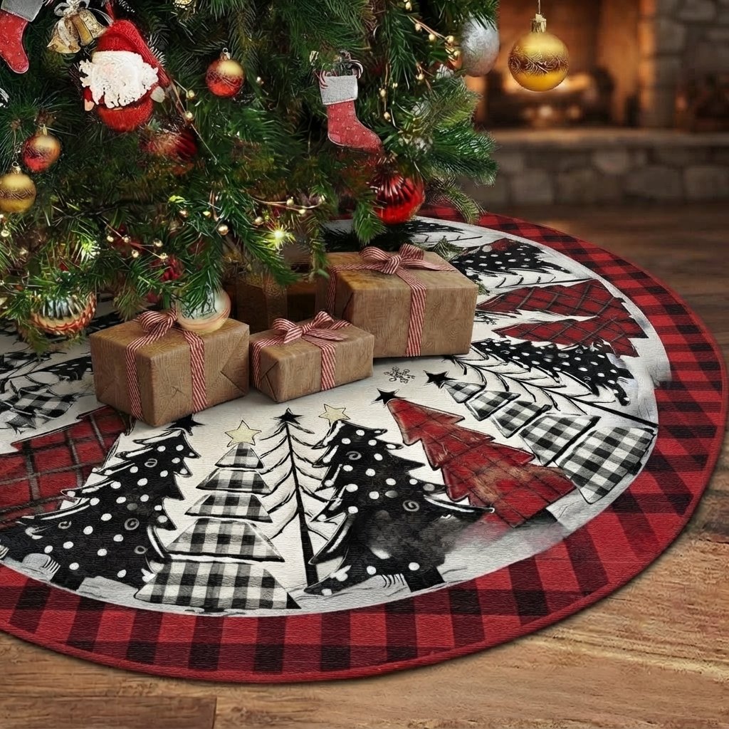 Quilted Round Christmas Tree Skirt with Buffalo Check Border