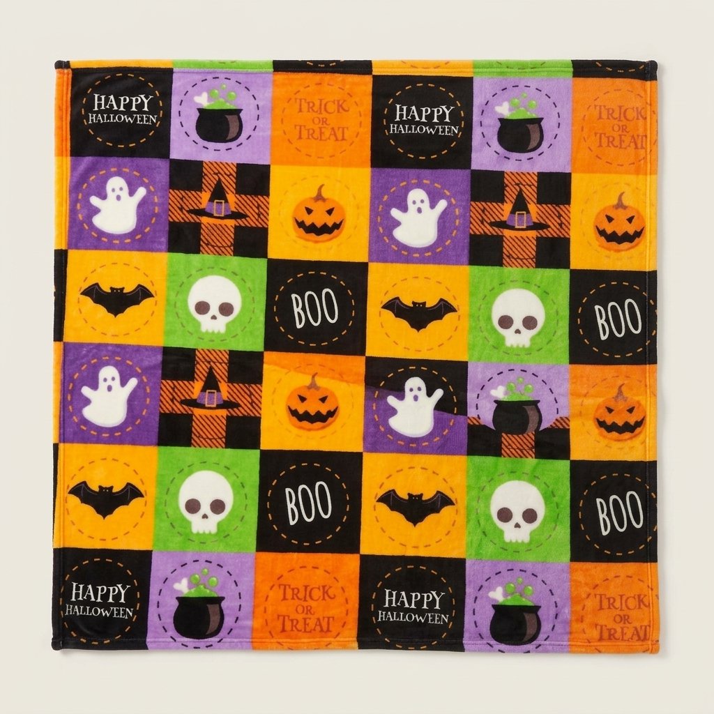 Halloween Fleece Throw Blanket with Bat, Ghost and Pumpkin Print