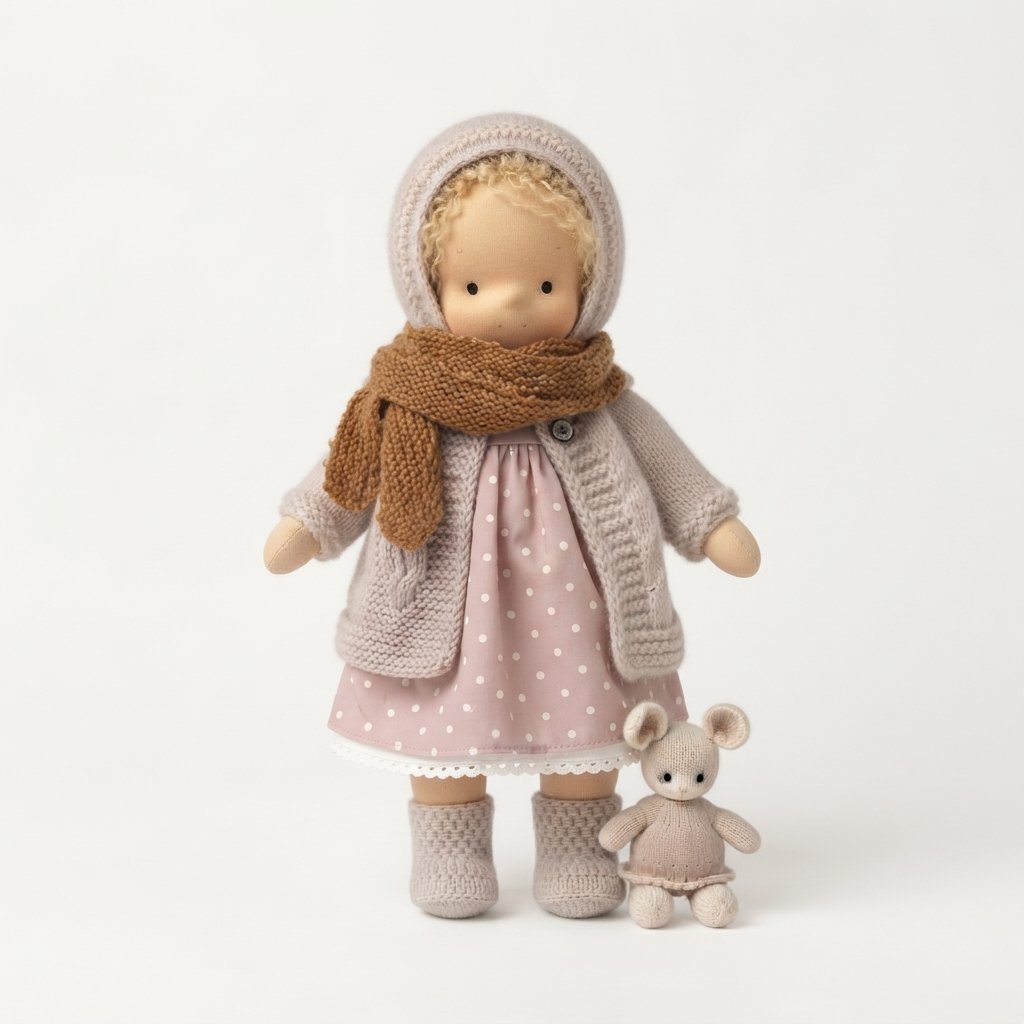Cloth Doll Gift Set with Knitted Outfit and Stuffed Animal