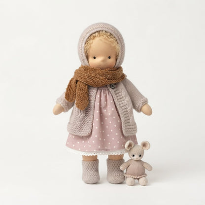 Cloth Doll Gift Set with Knitted Outfit and Stuffed Animal