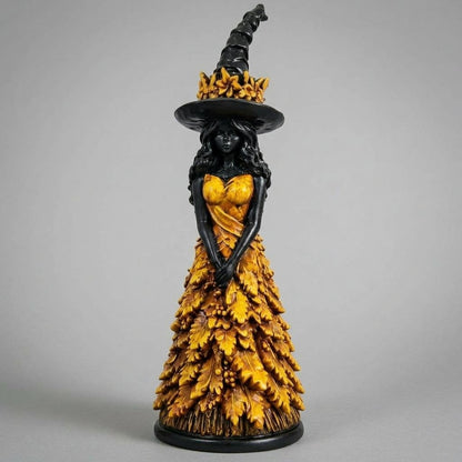 Resin Witch Figurine with Leaf Gown and Pointed Hat, 6.7 in