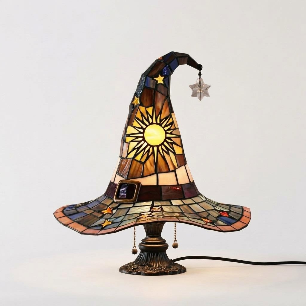 Witch Hat Stained Glass Style Accent Lamp with Star and Sun Panels