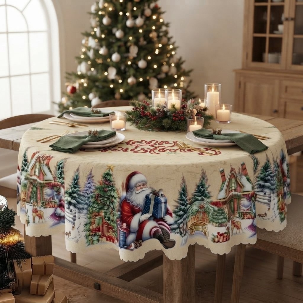 Christmas Tablecloth with Santa and Snowflake Border, Red
