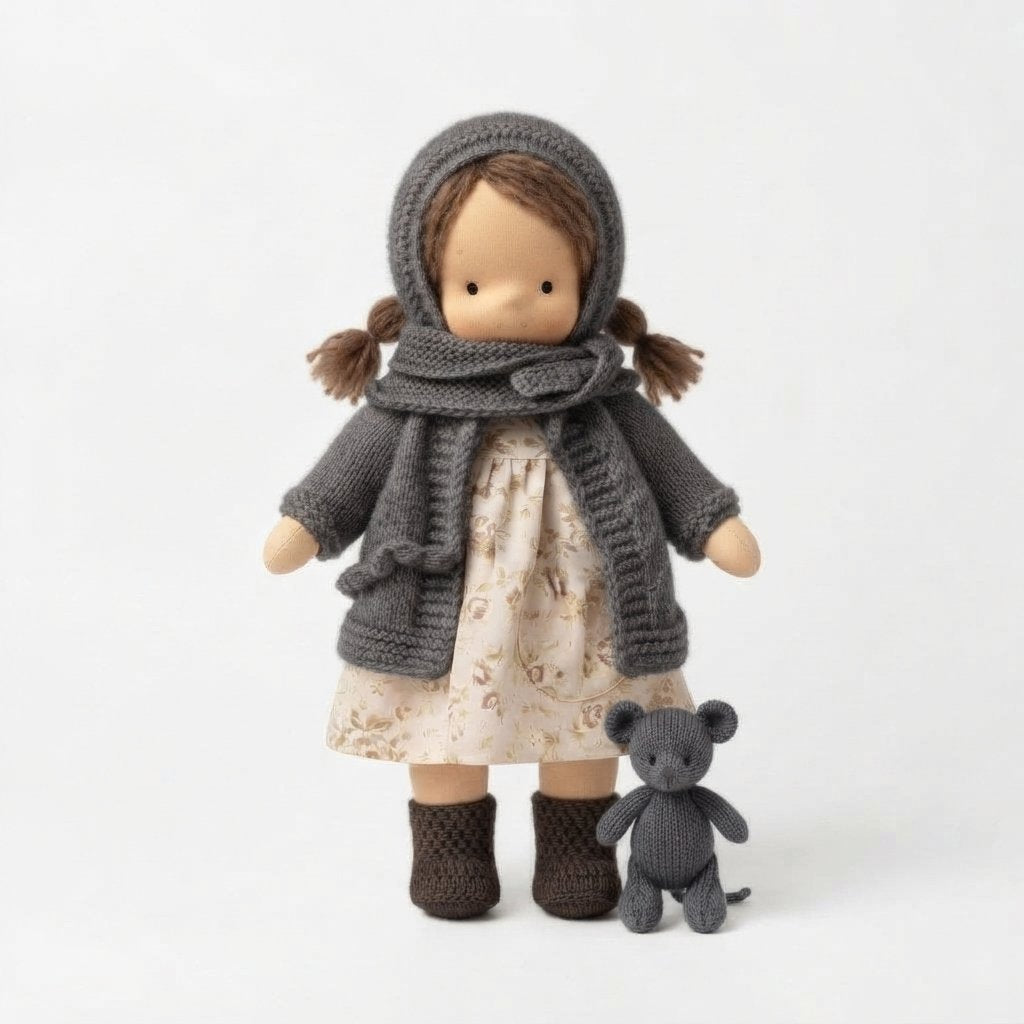 Cloth Doll Gift Set with Knitted Outfit and Stuffed Animal