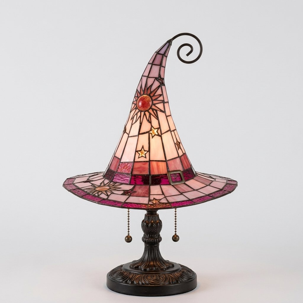Witch Hat Stained Glass Style Accent Lamp with Star and Sun Panels