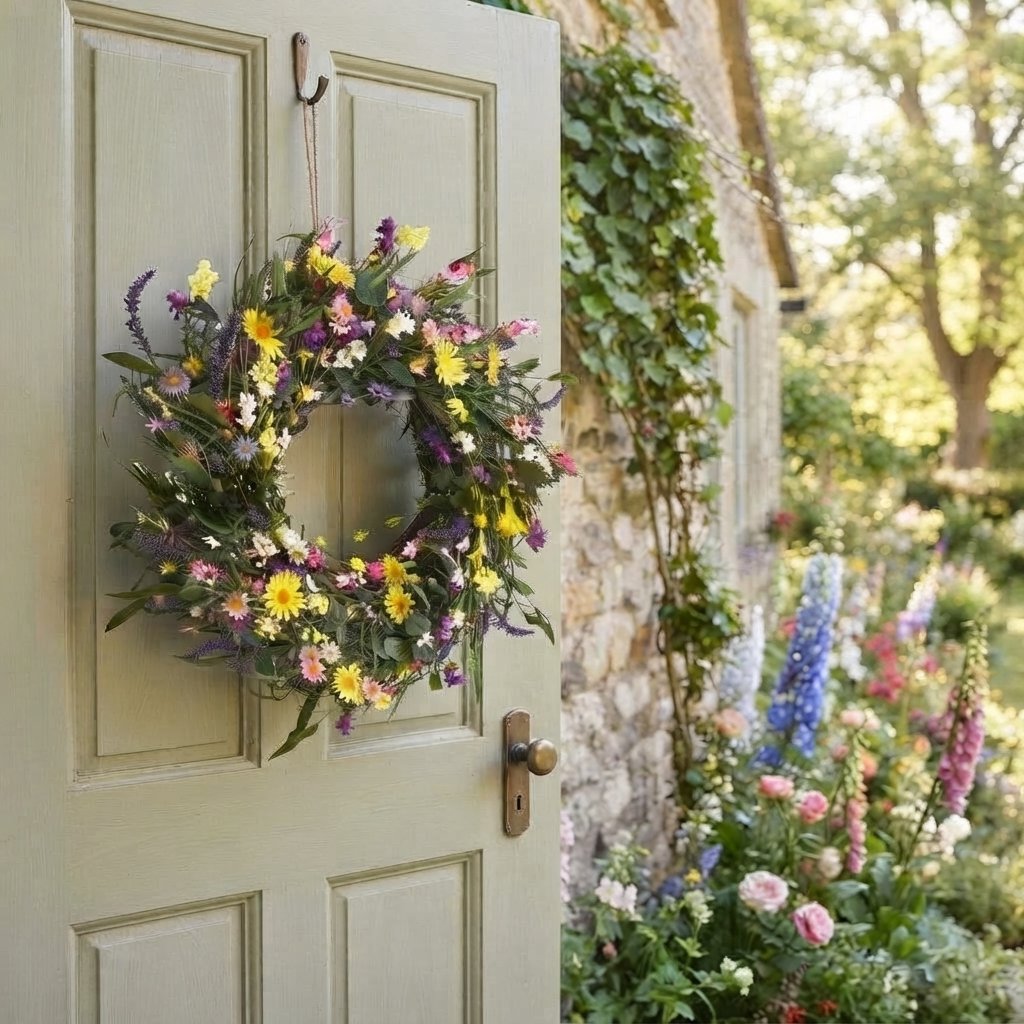 Artificial Wildflower Wreath with Daisies and Lavender, 45-55 cm