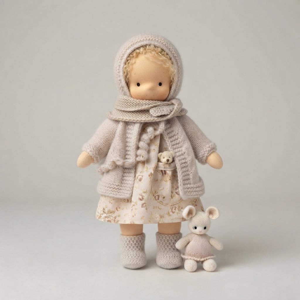 Cloth Doll Gift Set with Knitted Outfit and Stuffed Animal