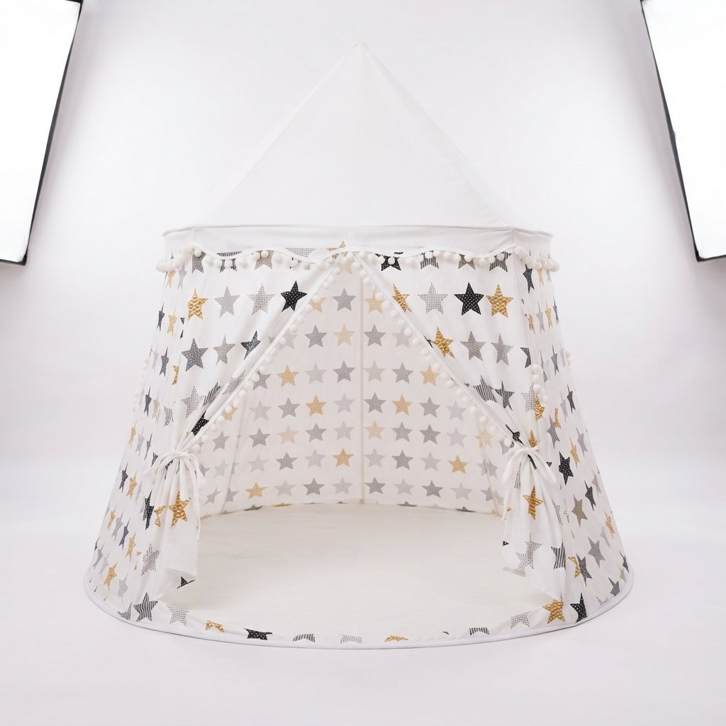 Castle Play Tent with Pom-Pom Trim and Tie-Back Curtains