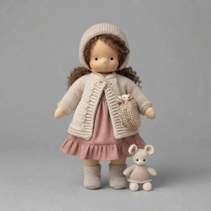 Cloth Doll Gift Set with Knitted Outfit and Stuffed Animal