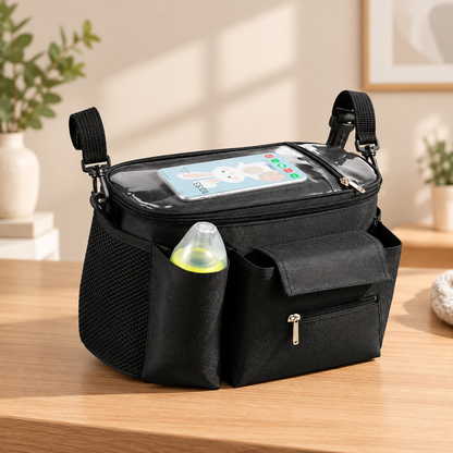 Compact Pram Caddy with Pram Clips and Phone Window – Black, 30 cm