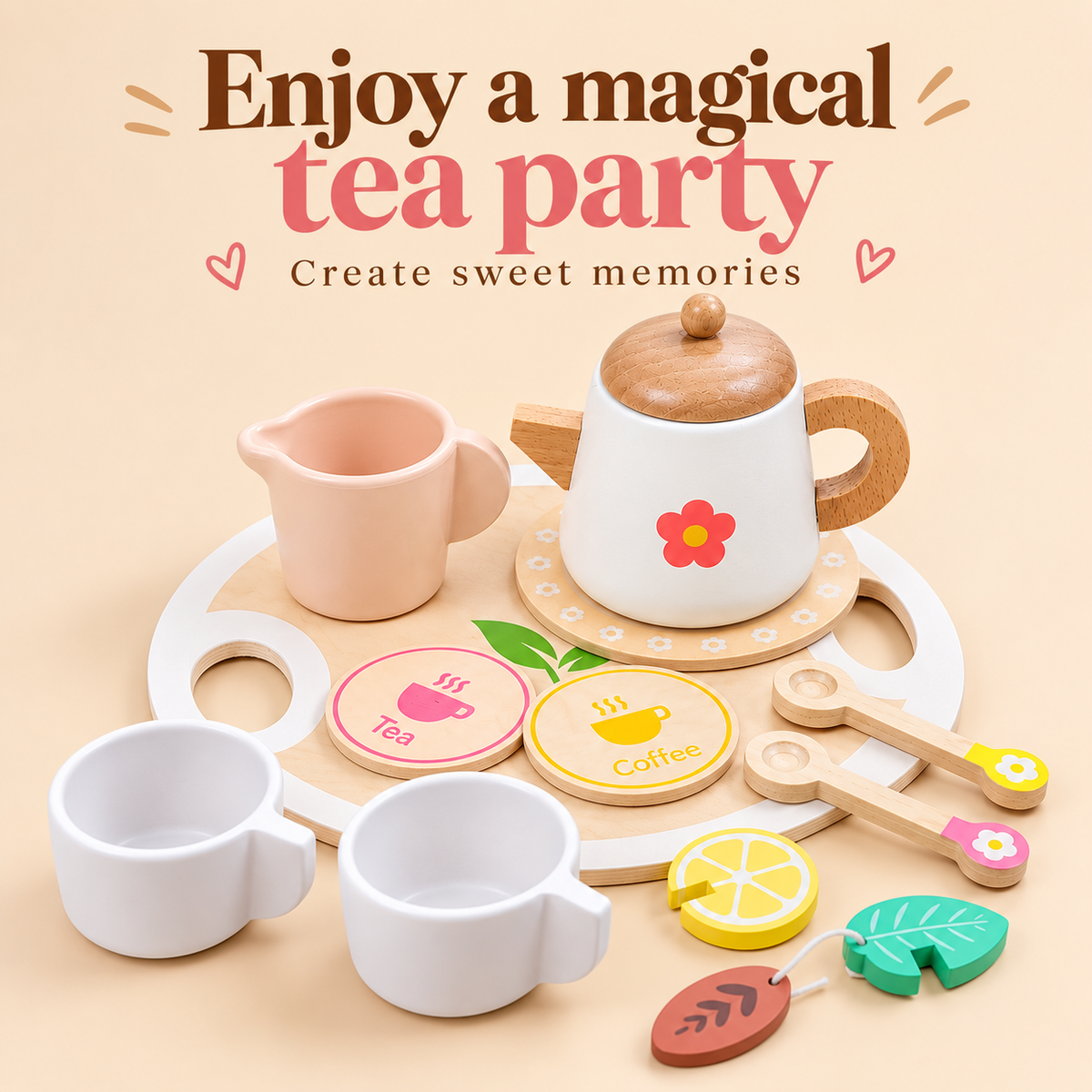 Wooden Tea Party Pretend Play Set with Cups, Tray and Desserts