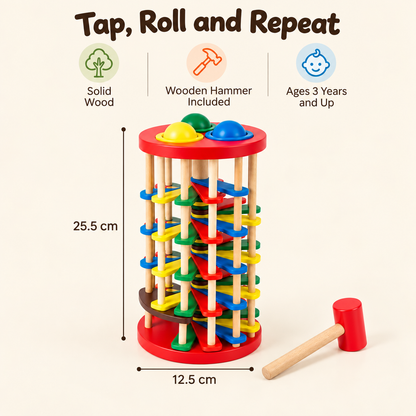 Wooden Tap and Roll Ball Tower with Hammer, Rainbow