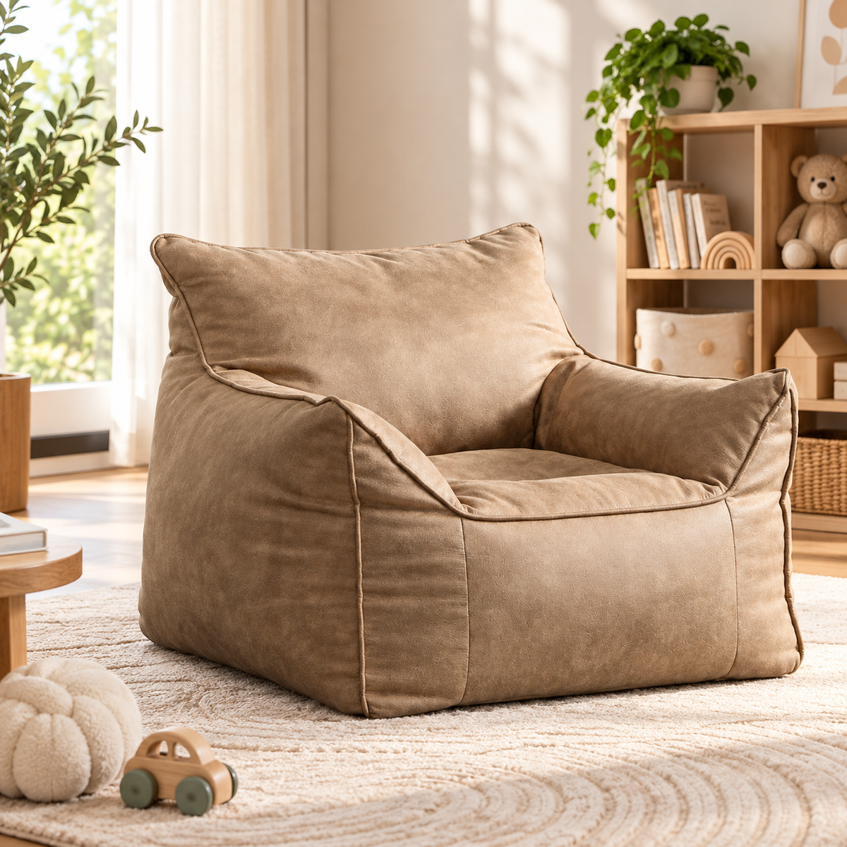 Kids Bean Bag Lounger Cover in Faux Leather, Camel