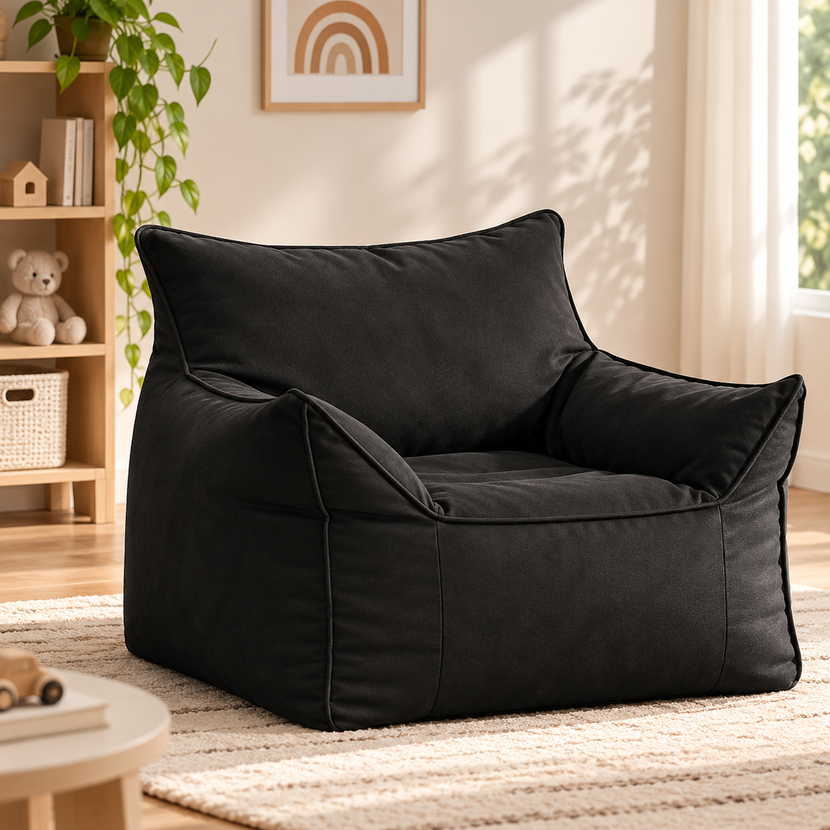 Kids Bean Bag Lounger Cover in Faux Leather, Black