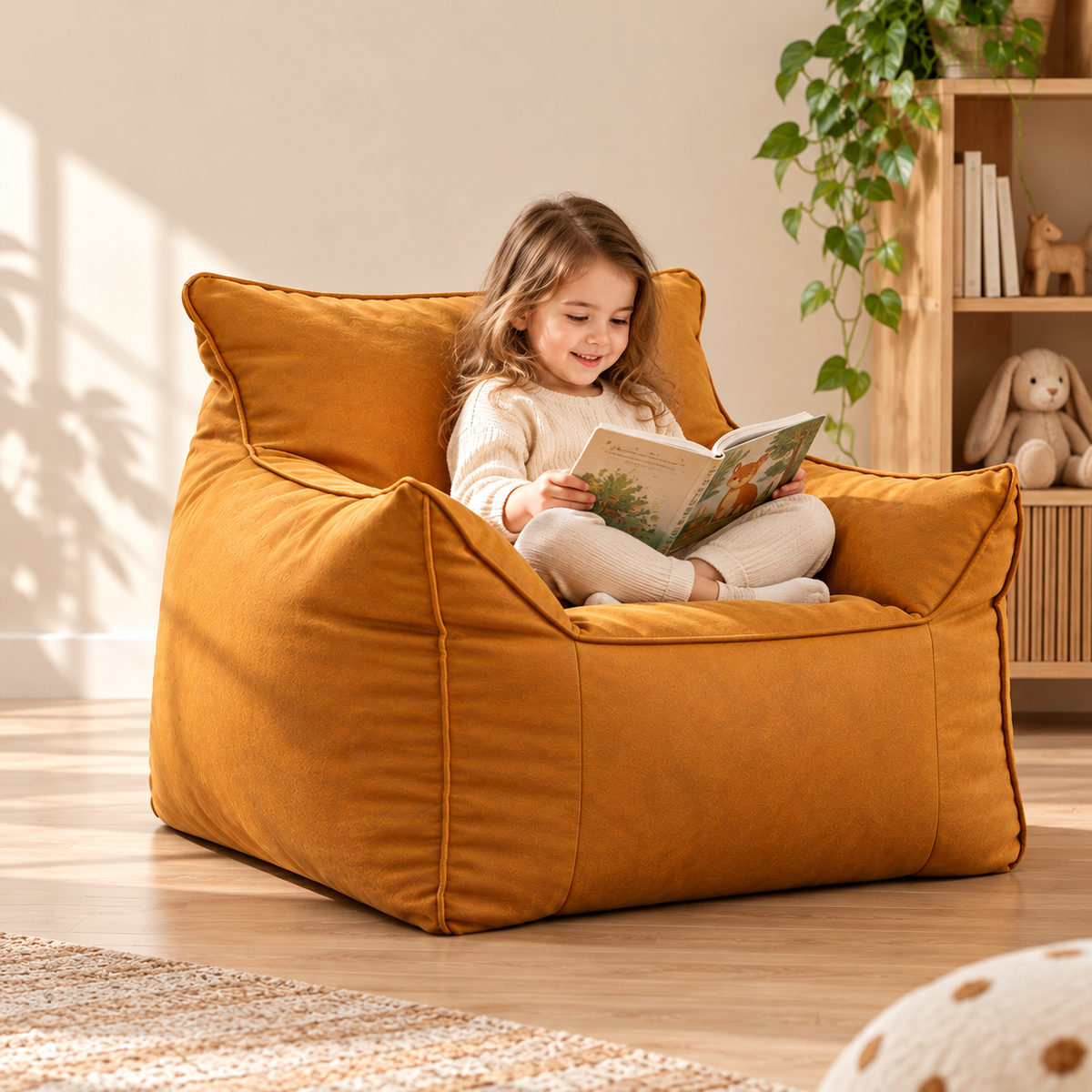 Kids Bean Bag Lounger Cover in Faux Leather, Mustard