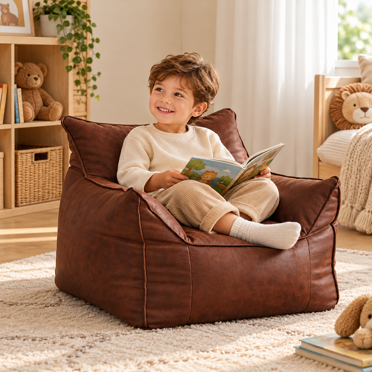 Kids Bean Bag Lounger Cover in Faux Leather, Brown