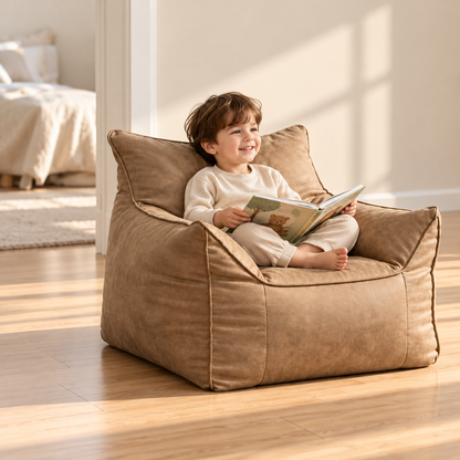 Kids Bean Bag Lounger Cover in Faux Leather, Camel