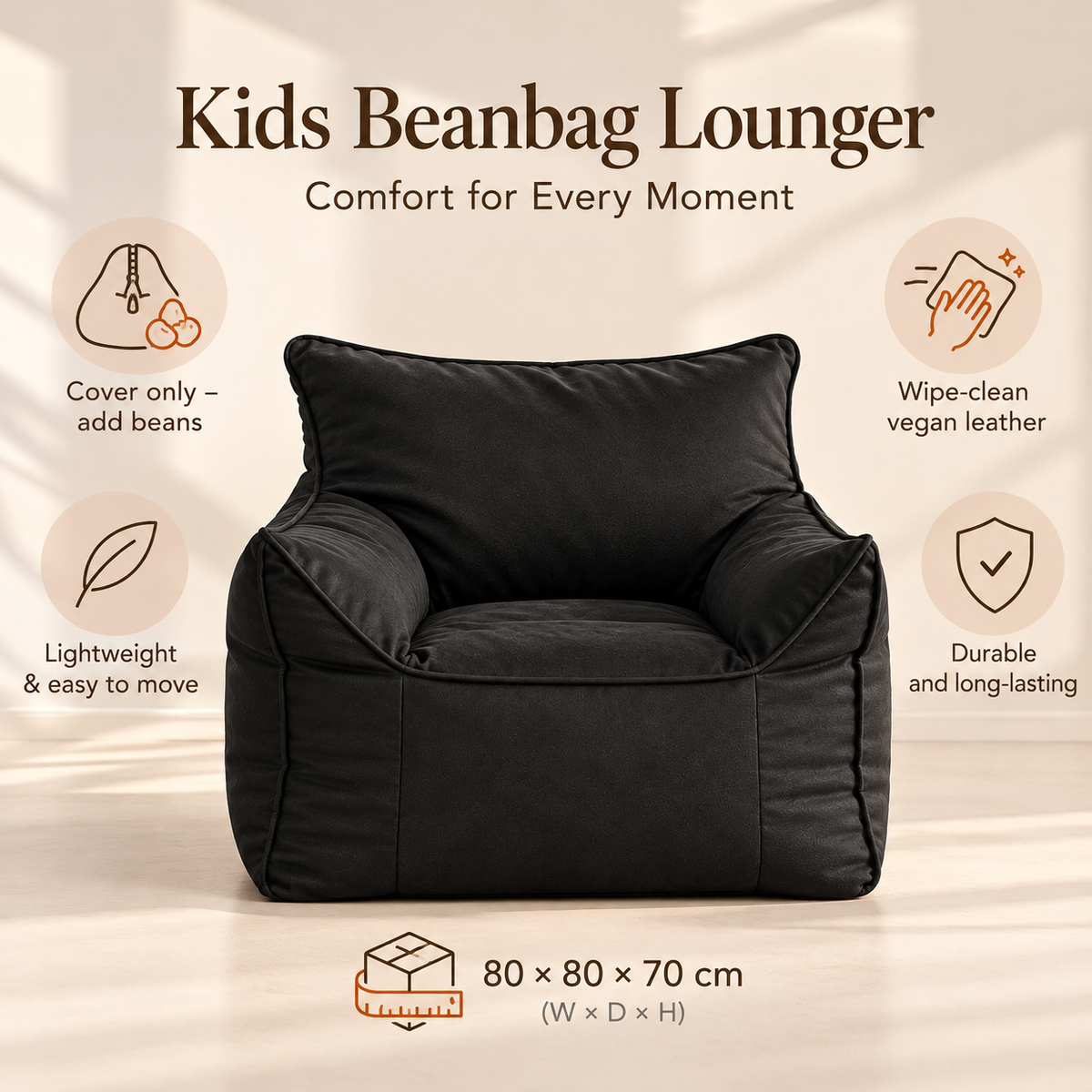 Kids Bean Bag Lounger Cover in Faux Leather, Black