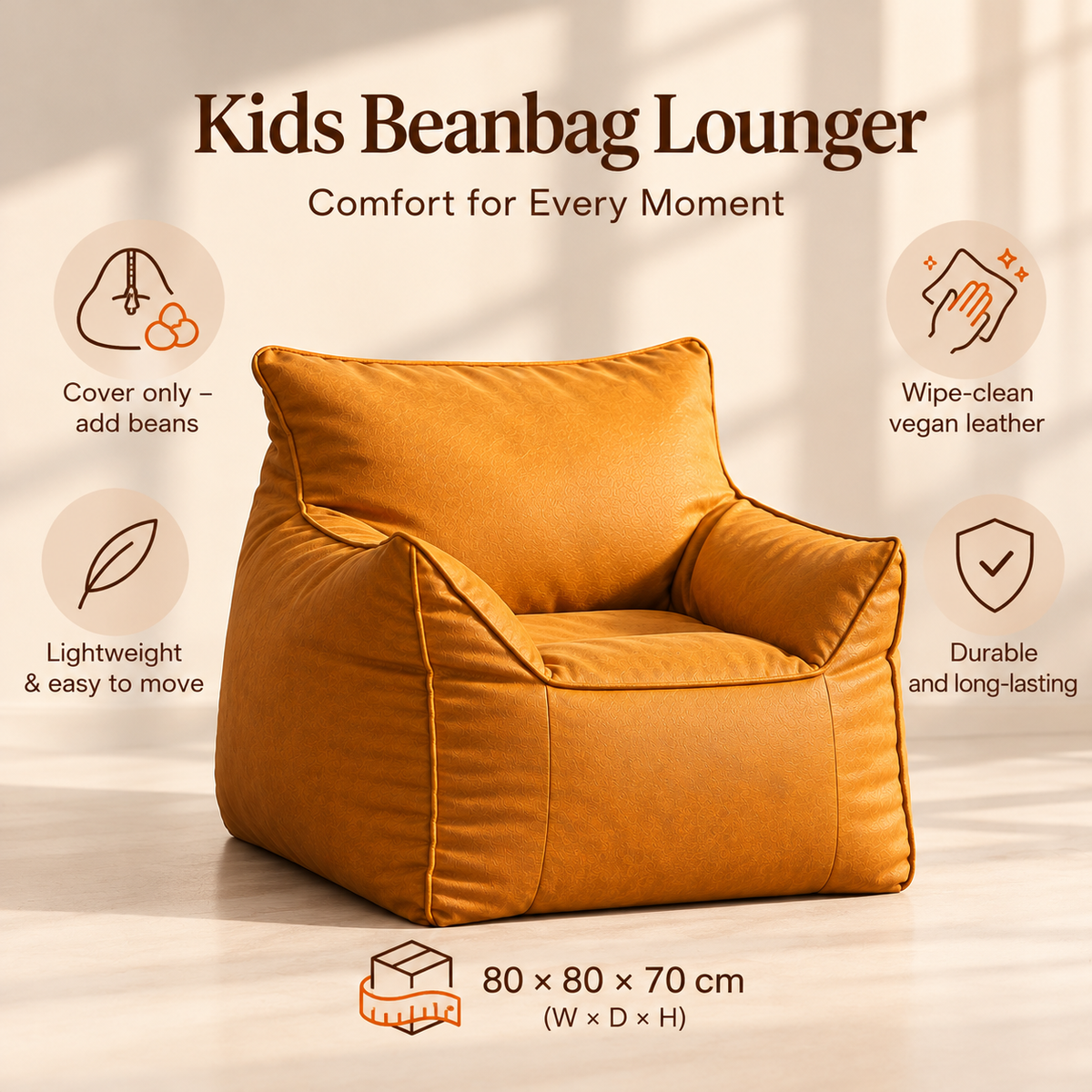 Kids Bean Bag Lounger Cover in Faux Leather, Mustard