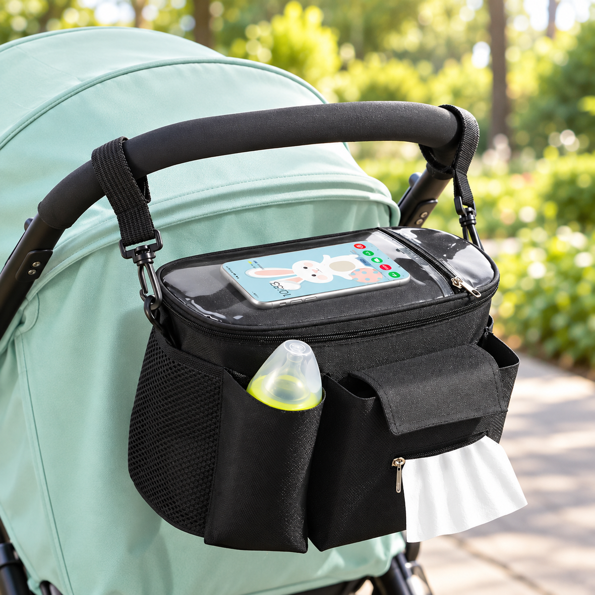 Compact Pram Caddy with Pram Clips and Phone Window – Black, 30 cm