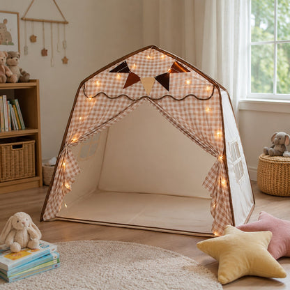Kids Canopy Play Tent with Fibreglass Rods, Beige Gingham