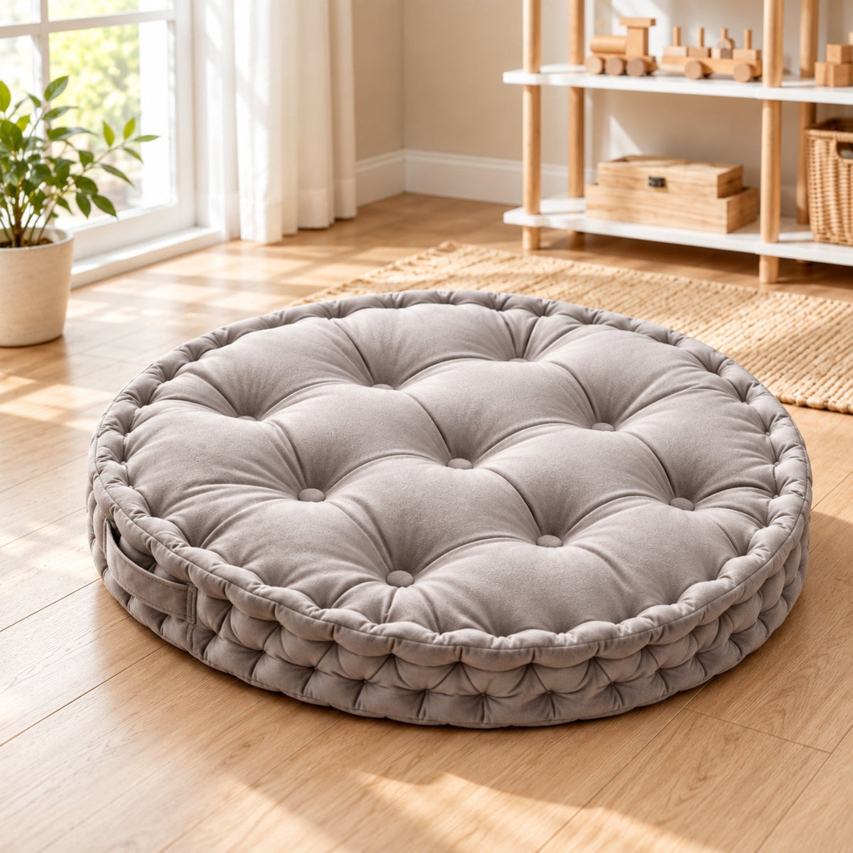 Kids Floor Cushion with Carry Handle – Plush Fabric, 60 cm, Gray
