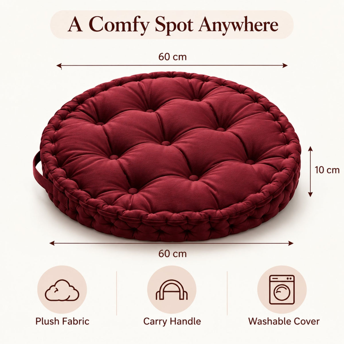 Kids Floor Cushion with Carry Handle – Plush Fabric, 60 cm, Dark Red