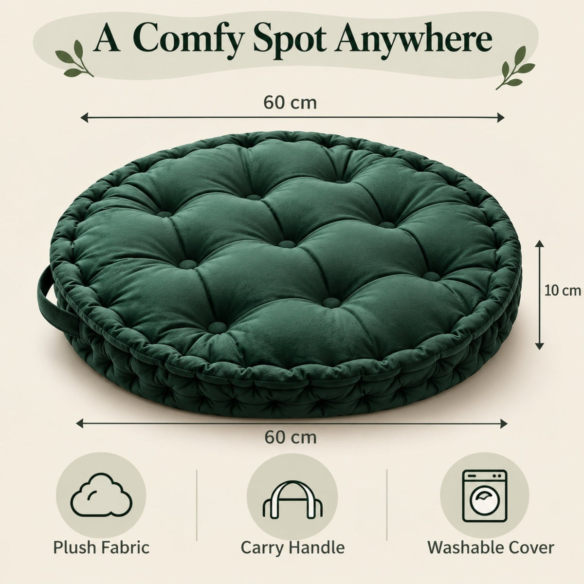 Kids Floor Cushion with Carry Handle – Plush Fabric, 60 cm, Green