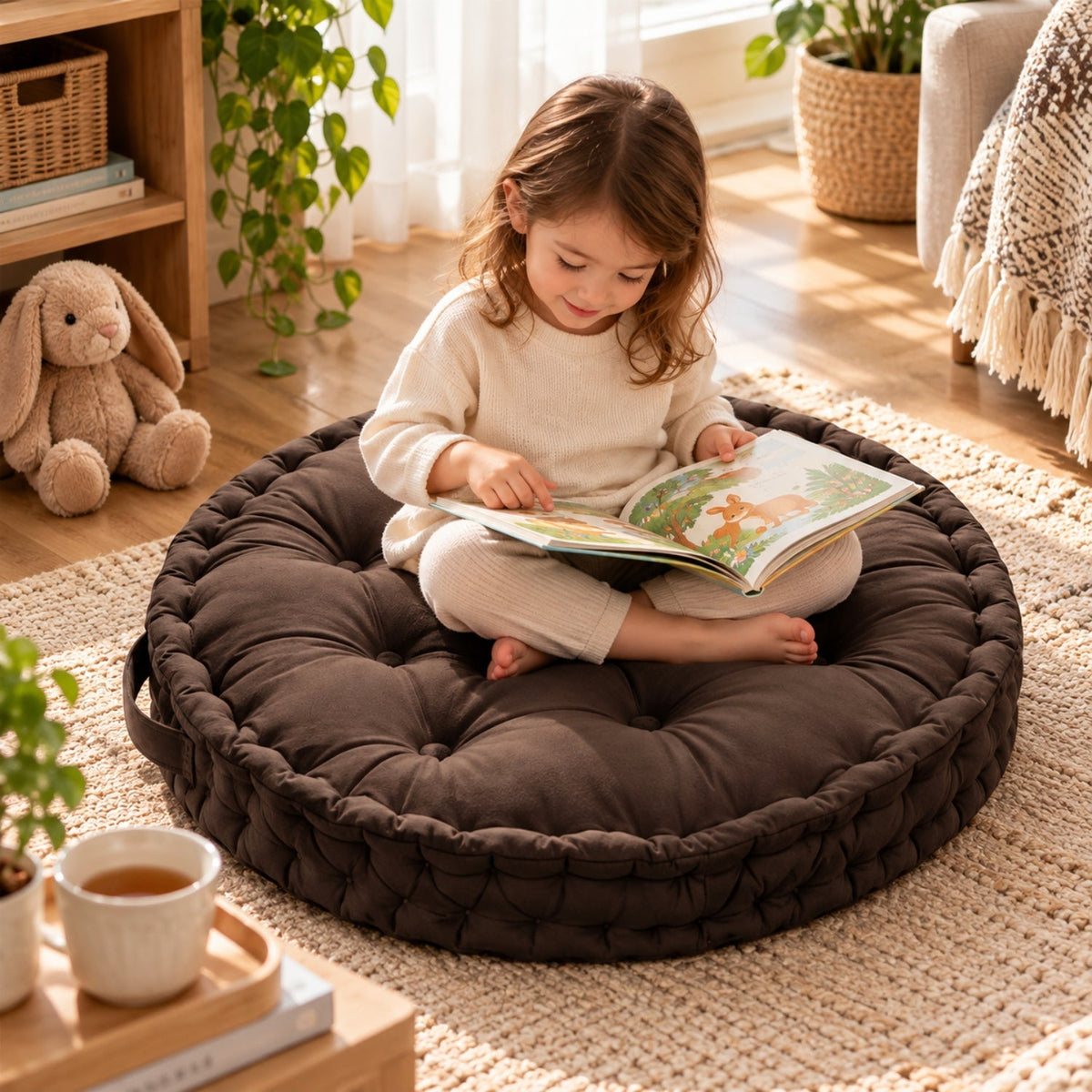 Kids Floor Cushion with Carry Handle – Plush Fabric, 60 cm, Brown