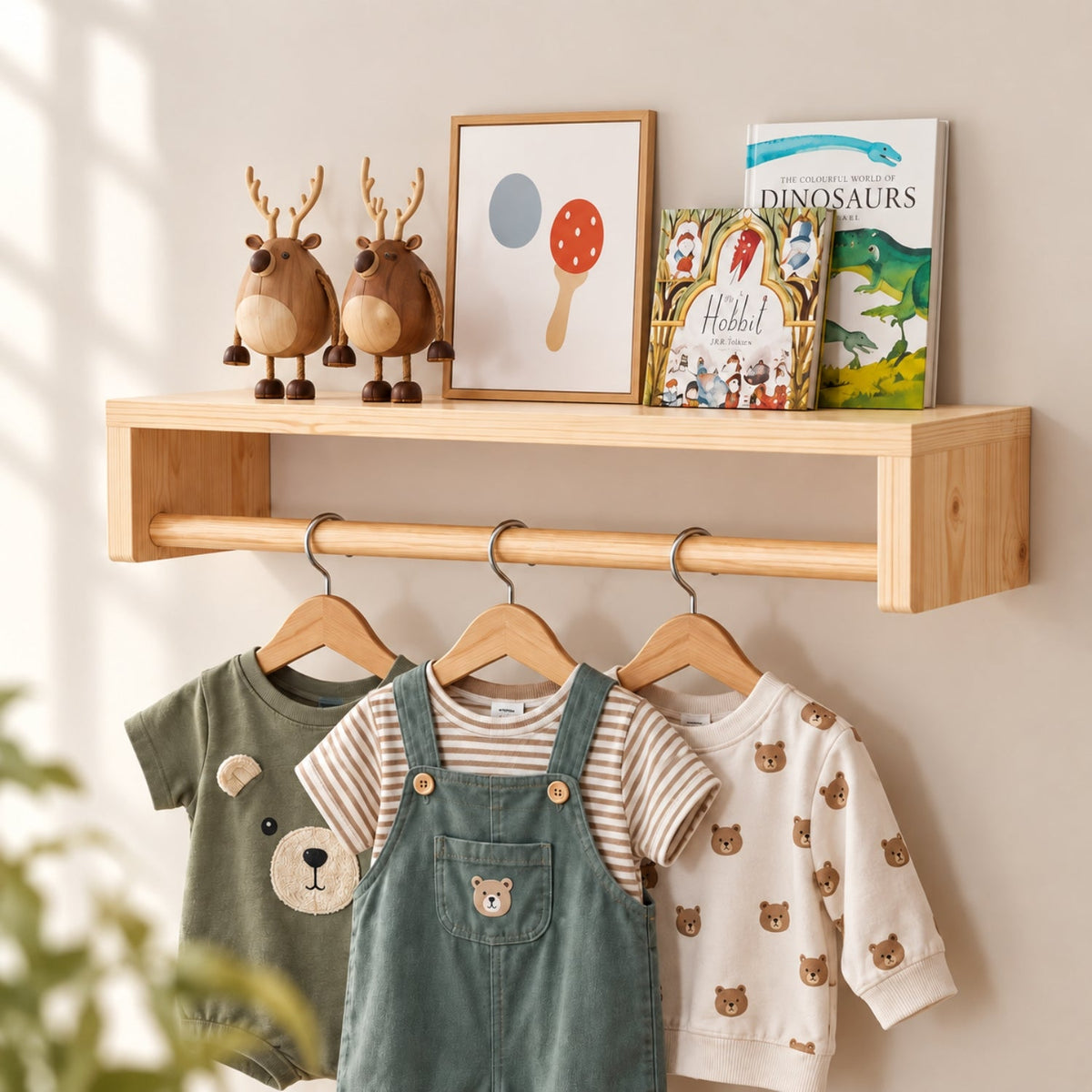 Two-Way Wooden Wall Shelf and Clothes Rail, Natural