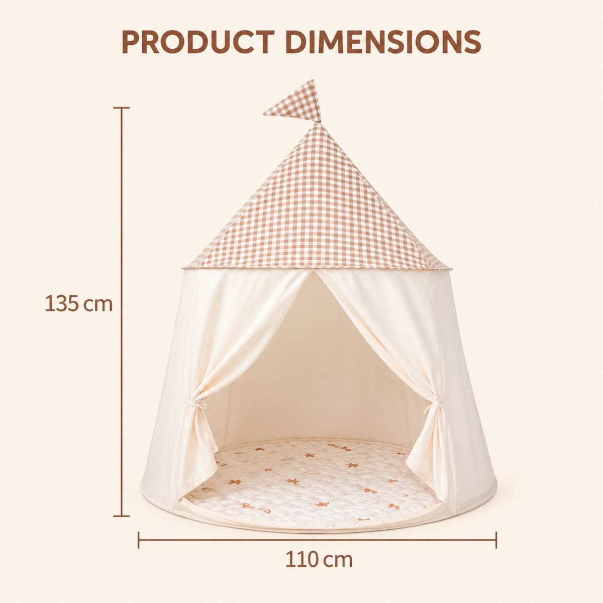 Pop-Up Gingham Cotton Play Tent with Mesh Windows and Flag Roof
