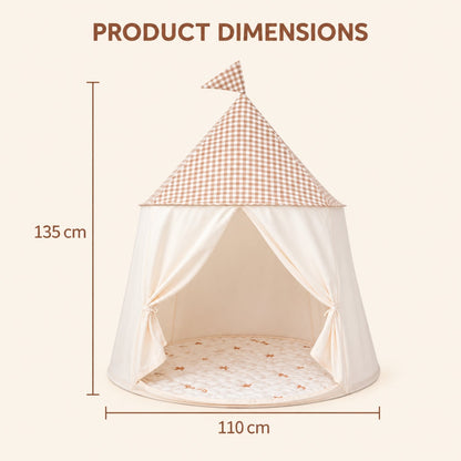 Pop-Up Gingham Cotton Play Tent with Mesh Windows and Flag Roof