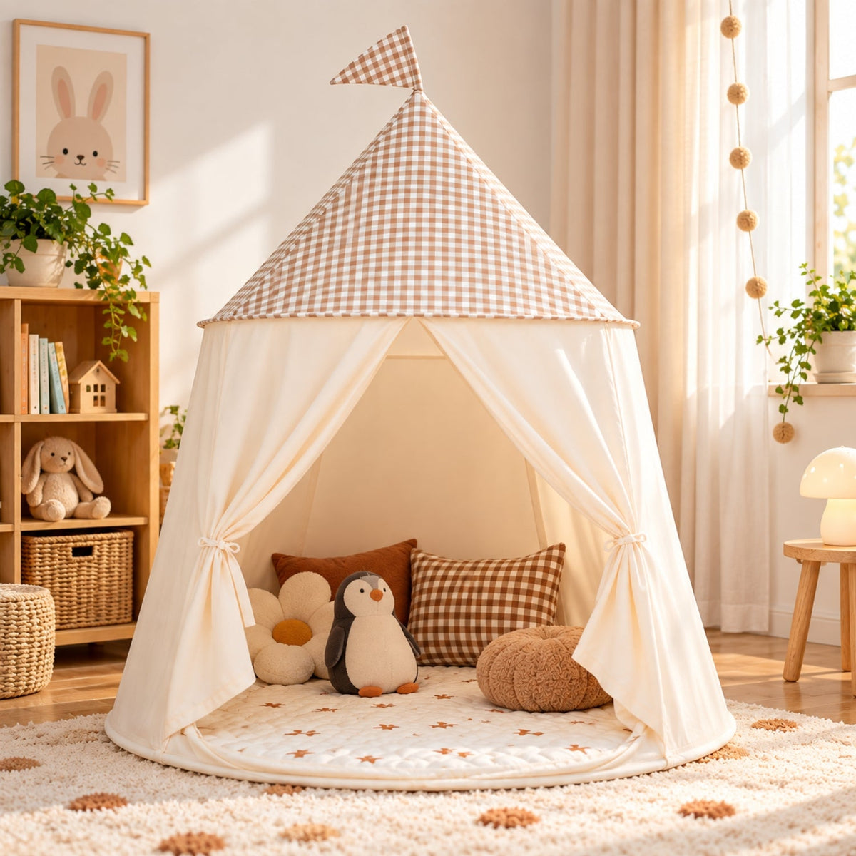 Pop-Up Gingham Cotton Play Tent with Mesh Windows and Flag Roof
