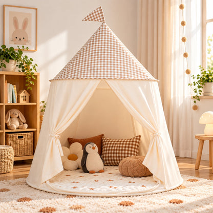 Pop-Up Gingham Cotton Play Tent with Mesh Windows and Flag Roof