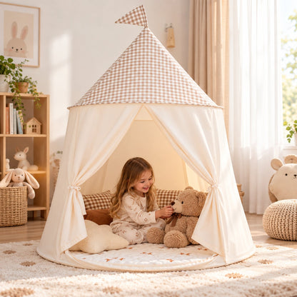 Pop-Up Gingham Cotton Play Tent with Mesh Windows and Flag Roof