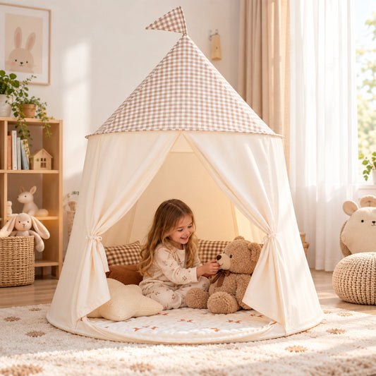 Pop-Up Gingham Cotton Play Tent with Mesh Windows and Flag Roof