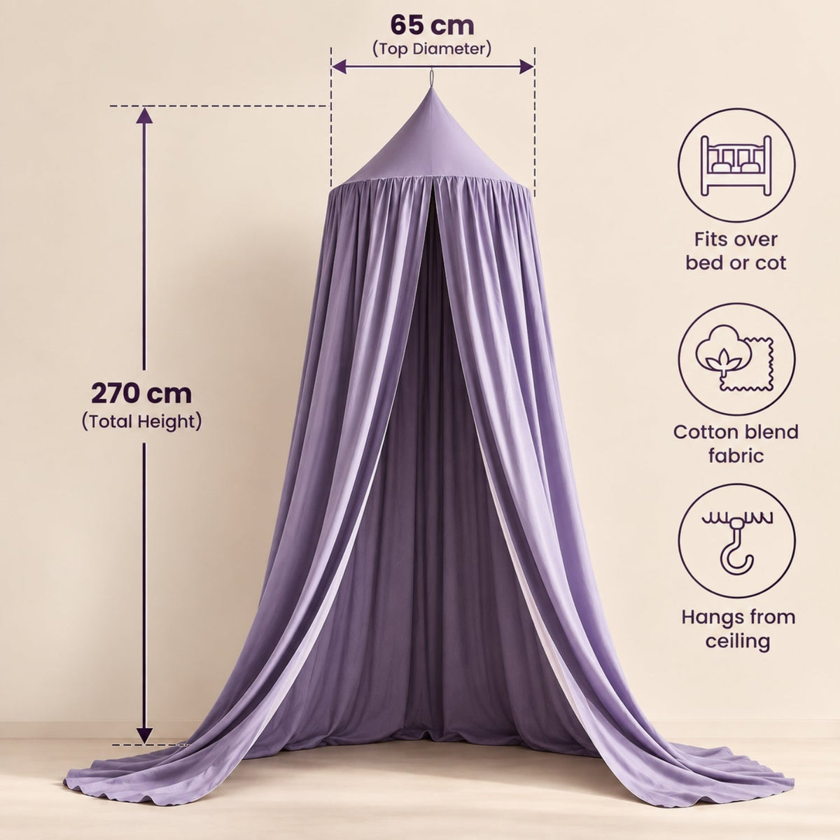 Kids Hanging Bed Canopy for Reading Dens, 270 cm – Dusky Purple