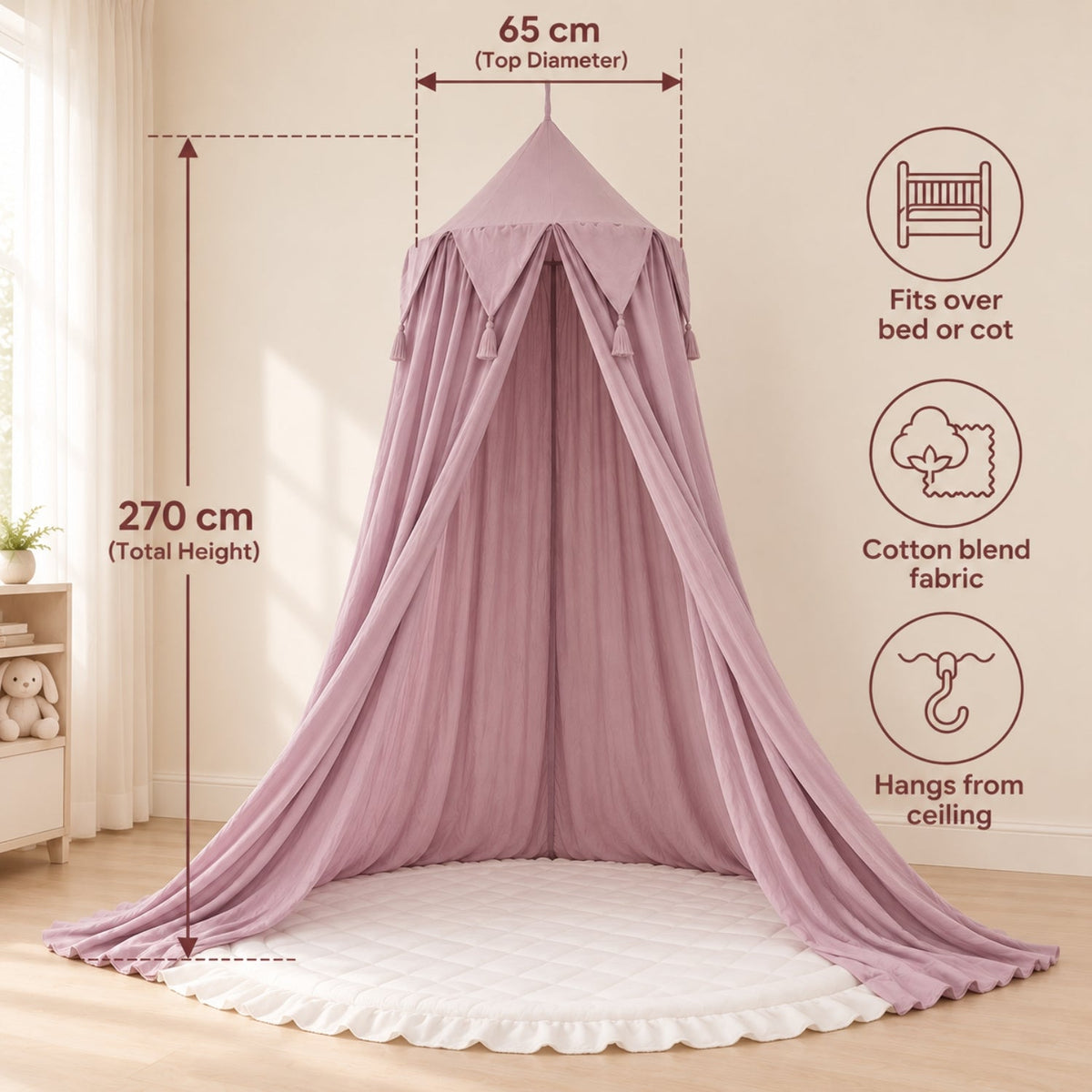 Sheer Hanging Bed Canopy for Cots and Kids' Beds, Dusty Mauve