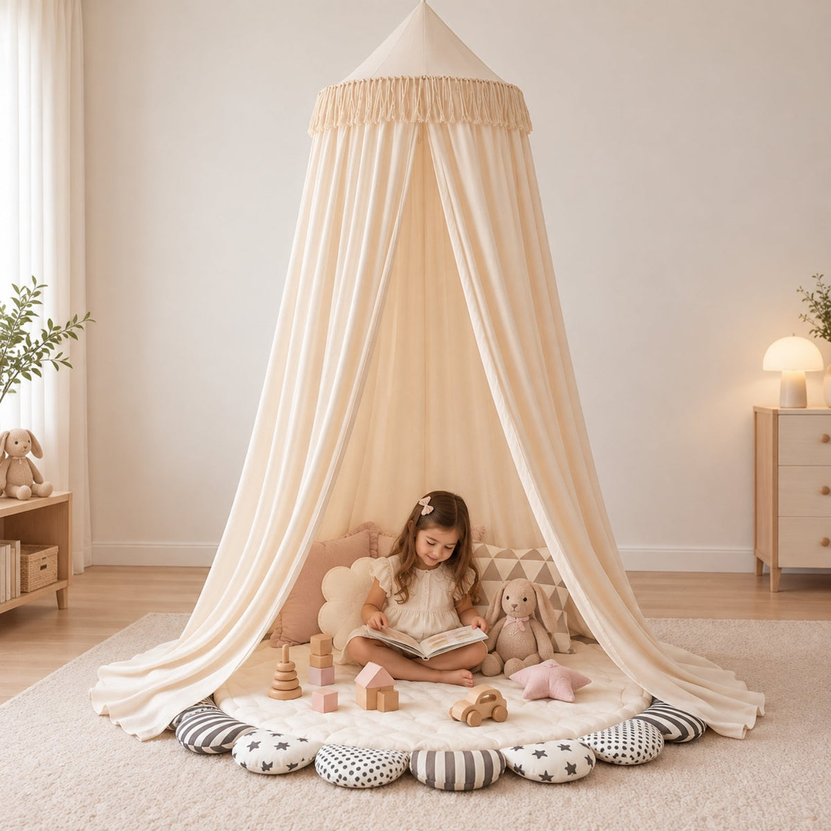 Sheer Kids Bed Canopy with Tie-Back Front, Warm Cream