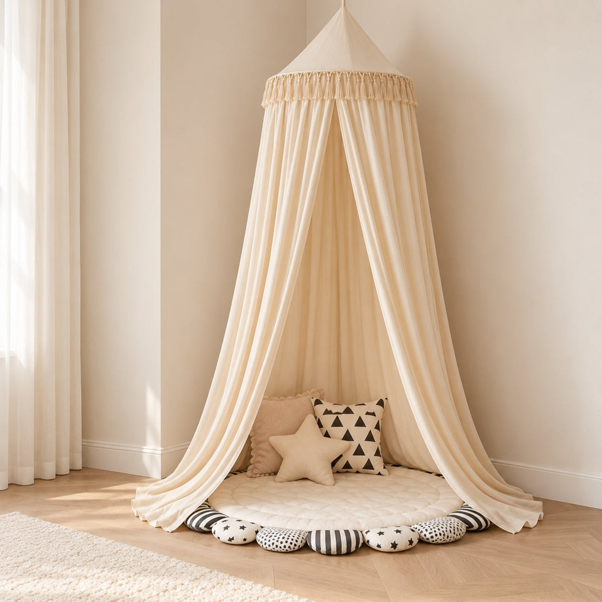 Sheer Kids Bed Canopy with Tie-Back Front, Warm Cream