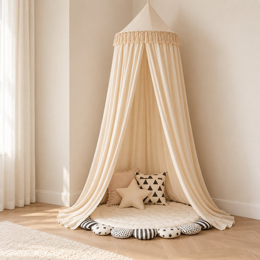 Sheer Kids Bed Canopy with Tie-Back Front, Warm Cream