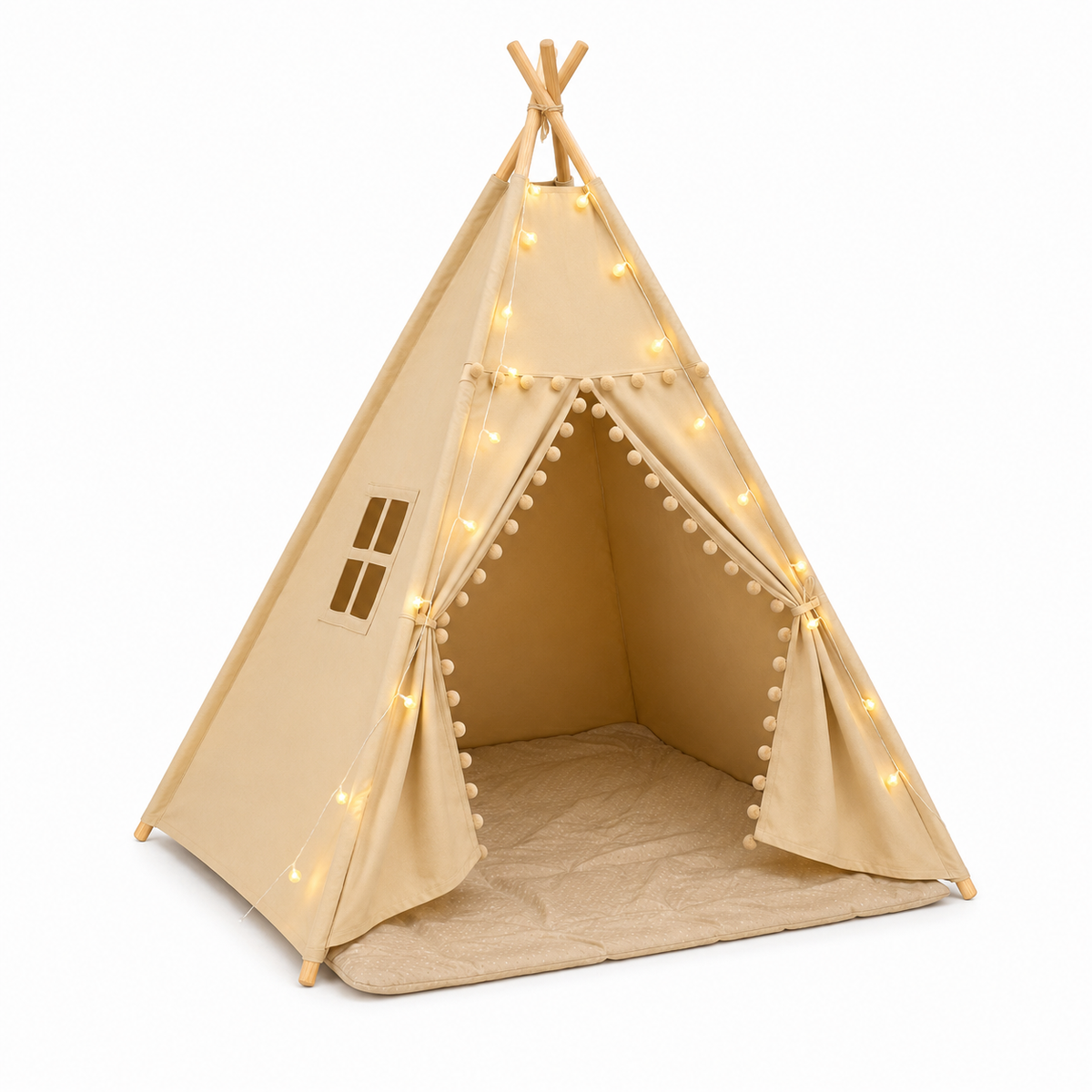 Kids Teepee Tent with Padded Mat and Pom Pom Trim, Beige