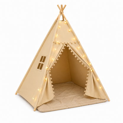 Kids Teepee Tent with Padded Mat and Pom Pom Trim, Beige