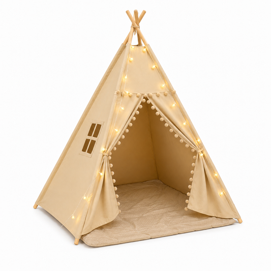 Kids Teepee Tent with Padded Mat and Pom Pom Trim, Beige