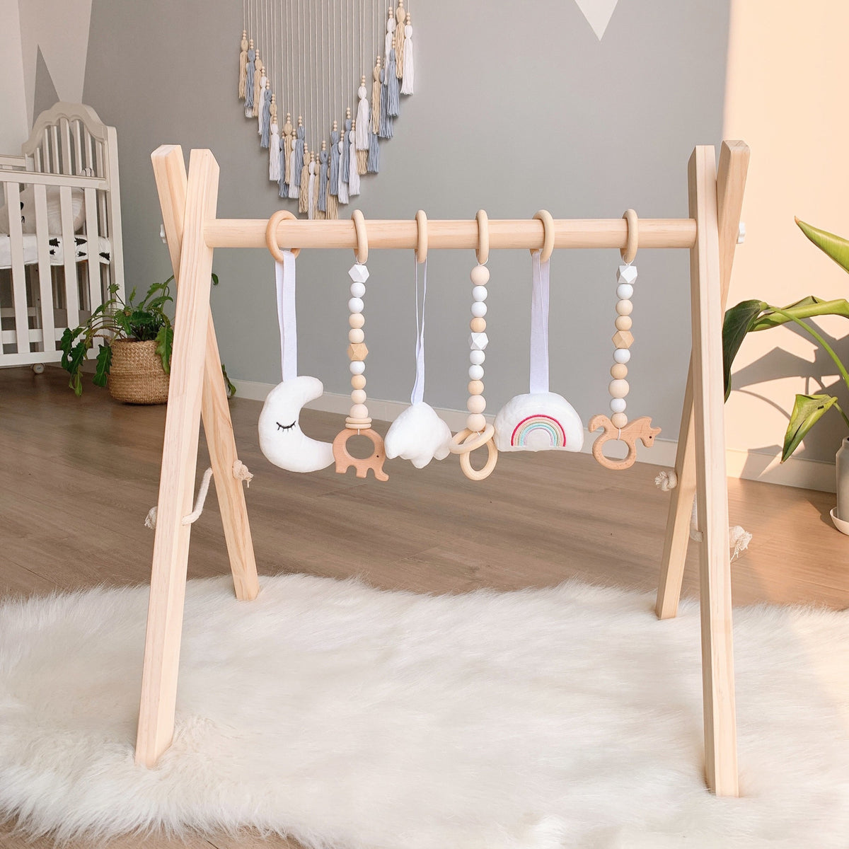 Wooden Baby Play Gym Frame with Six Hanging Toys – Natural Wood