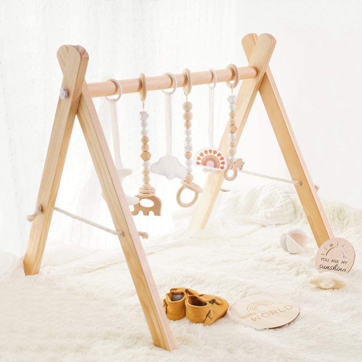 Wooden Baby Play Gym Frame with Six Hanging Toys – Natural Wood